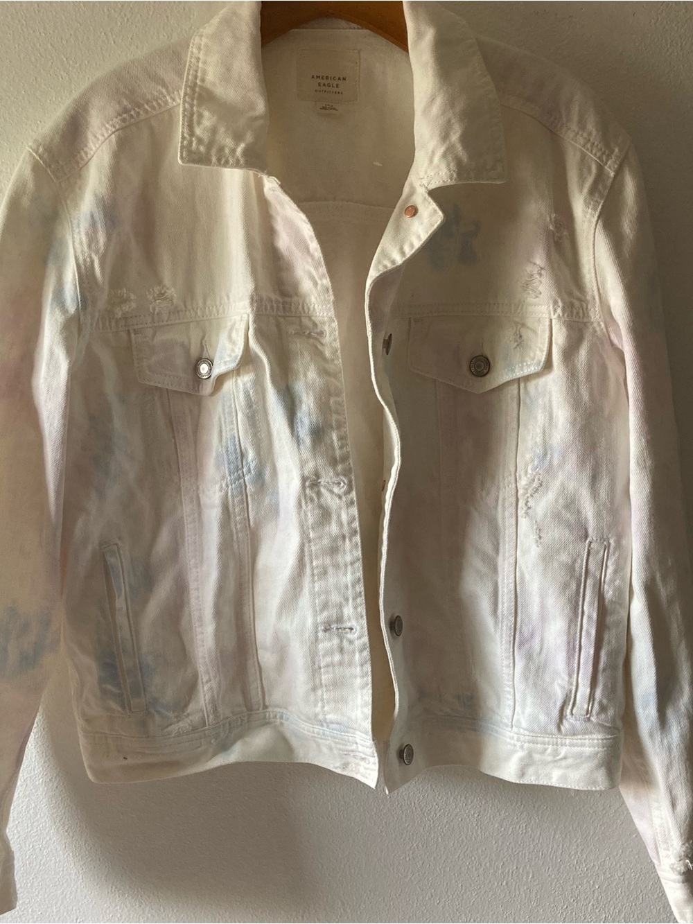 NWOT American Eagle Outfitters White Denim Jacket with Pastel Tie-Dye Accents